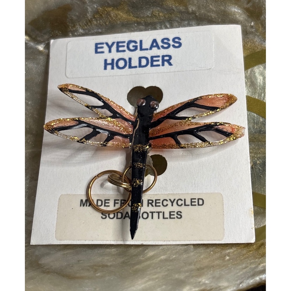Recycled Soda Bottle Dragonfly Eyeglass Holder Pin Brooch Gold Glitter Peach